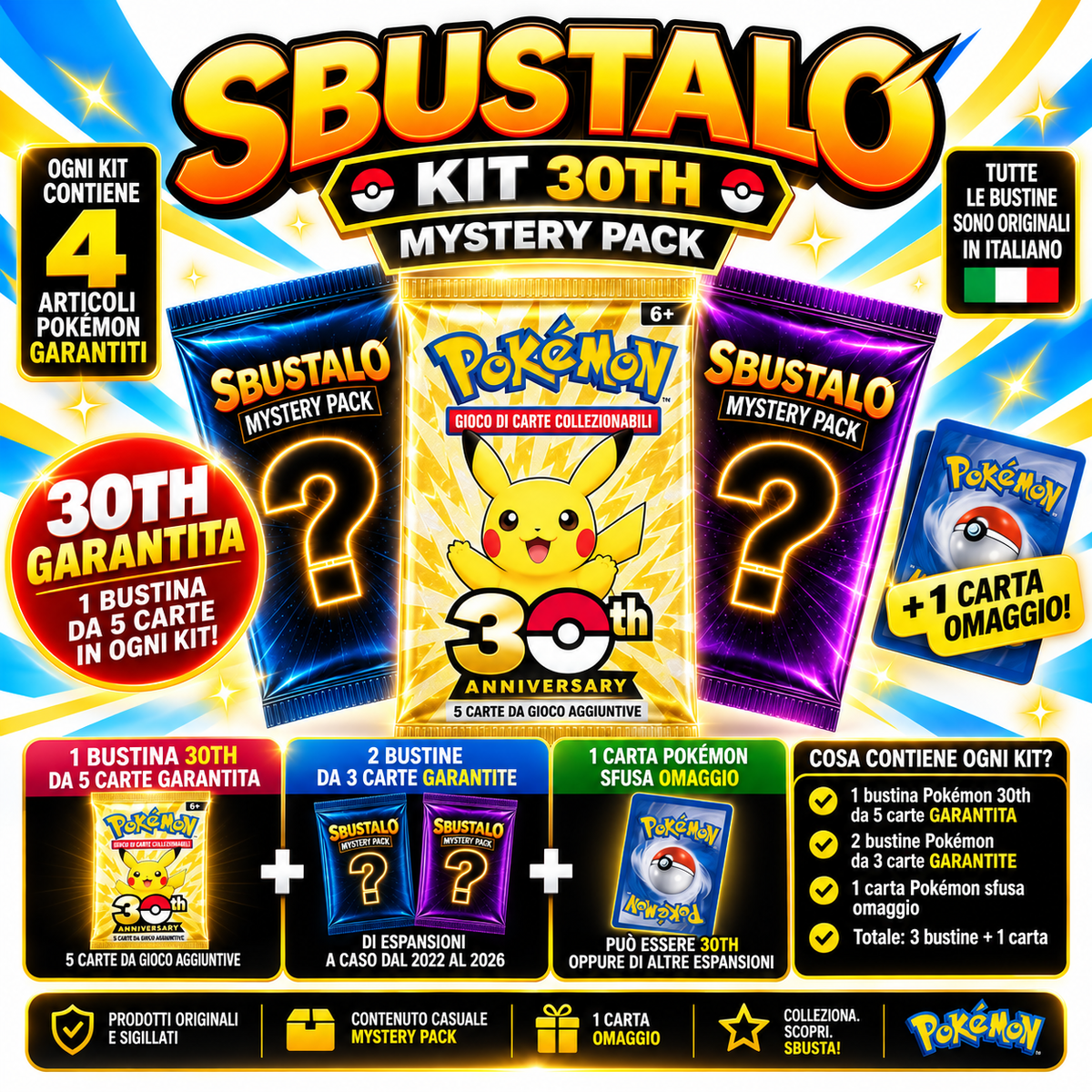 Pokémon Mystery Pack by Sbustalo.com – 30TH Kit – 3 Sealed Packs + 1 Bonus Card