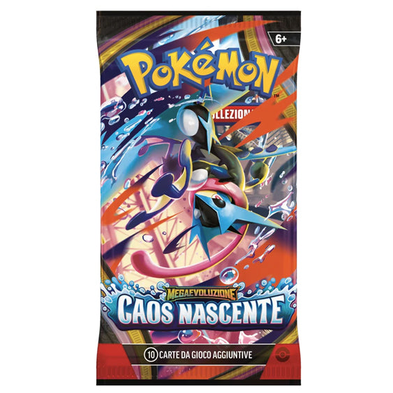 Bustina Pokémon Megaevoluzione – Caos Nascente 2026 – 10 Carte + 1 Energia Base – ITA