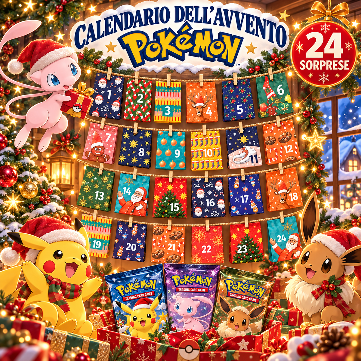 Calendario dell’Avvento Pokémon – 24 Sorprese con Bustine, Carte, Gadget e 3 Mini Funko Bitty Pop!