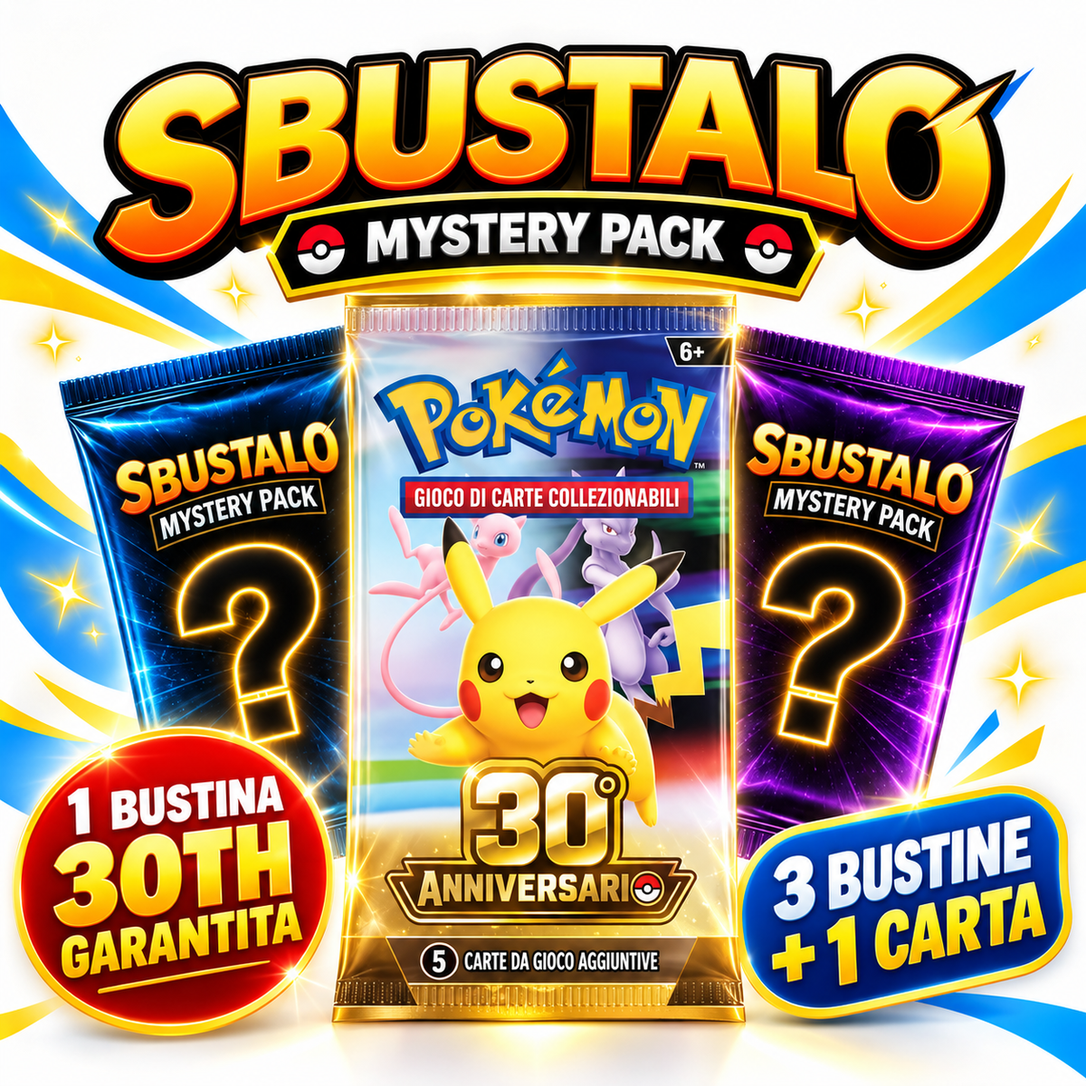 Pokémon Mystery Pack by Sbustalo.com – 30TH Kit – 3 Sealed Packs + 1 Bonus Card