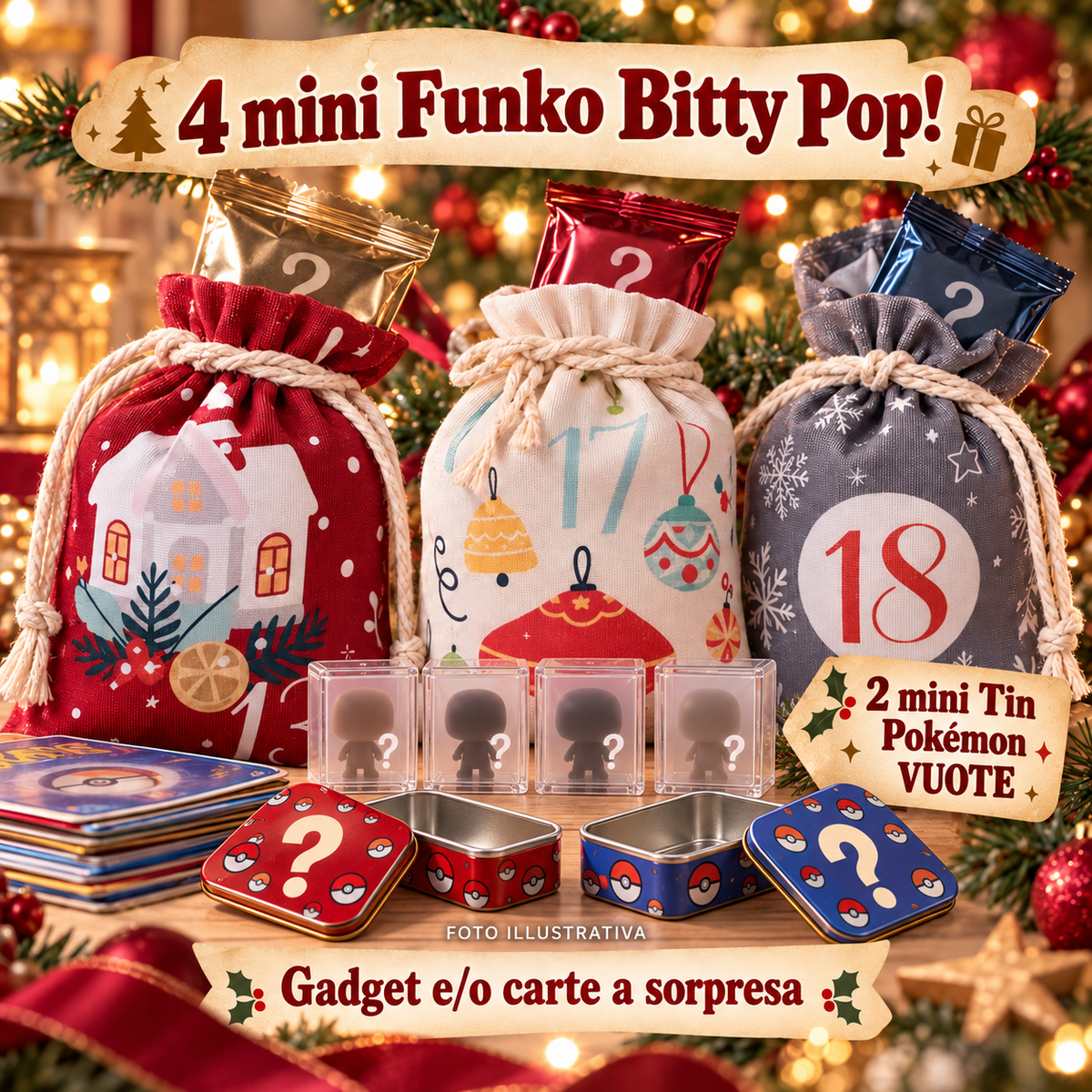 Calendario dell’Avvento Pokémon – 24 Sorprese con Bustine, Carte, Gadget e 4 Mini Funko Bitty Pop! (151 + 30TH)