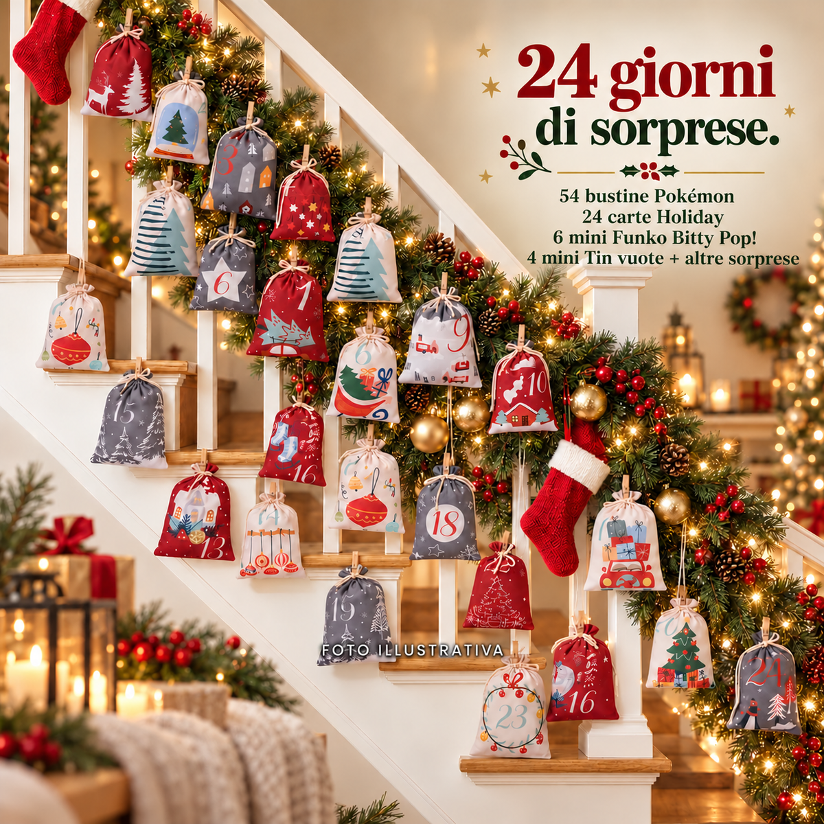 Calendario dell’Avvento Pokémon – 24 Sorprese con Bustine, Carte, Gadget e 6 Mini Funko Bitty Pop! (151 + 30TH + 24 Carte Holiday)