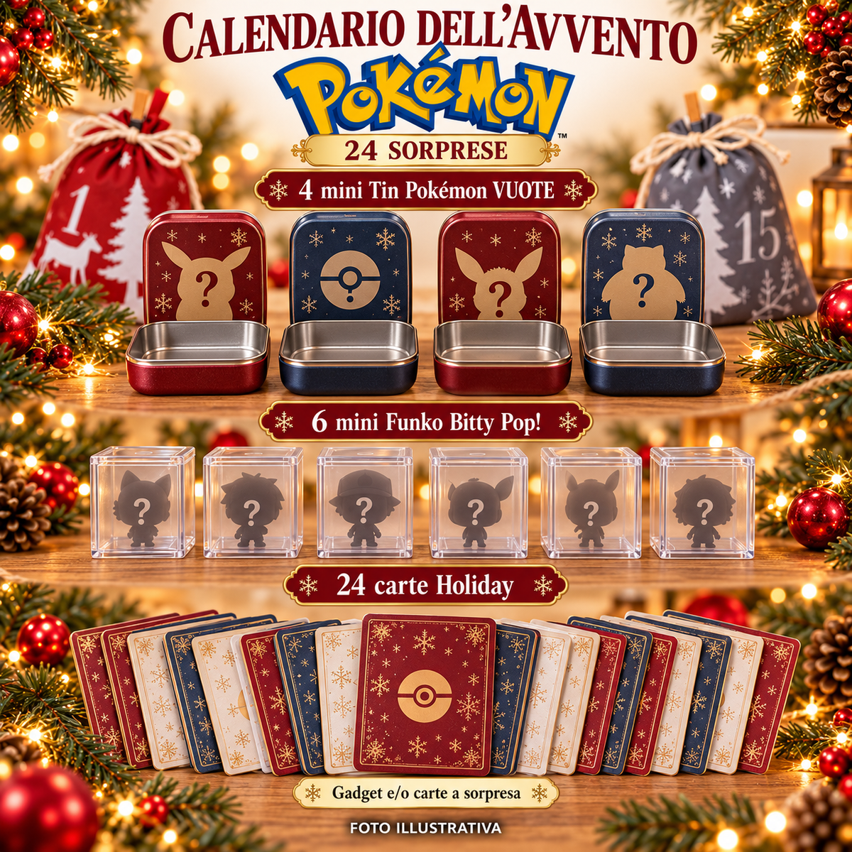 Calendario dell’Avvento Pokémon – 24 Sorprese con Bustine, Carte, Gadget e 6 Mini Funko Bitty Pop! (151 + 30TH + 24 Carte Holiday)