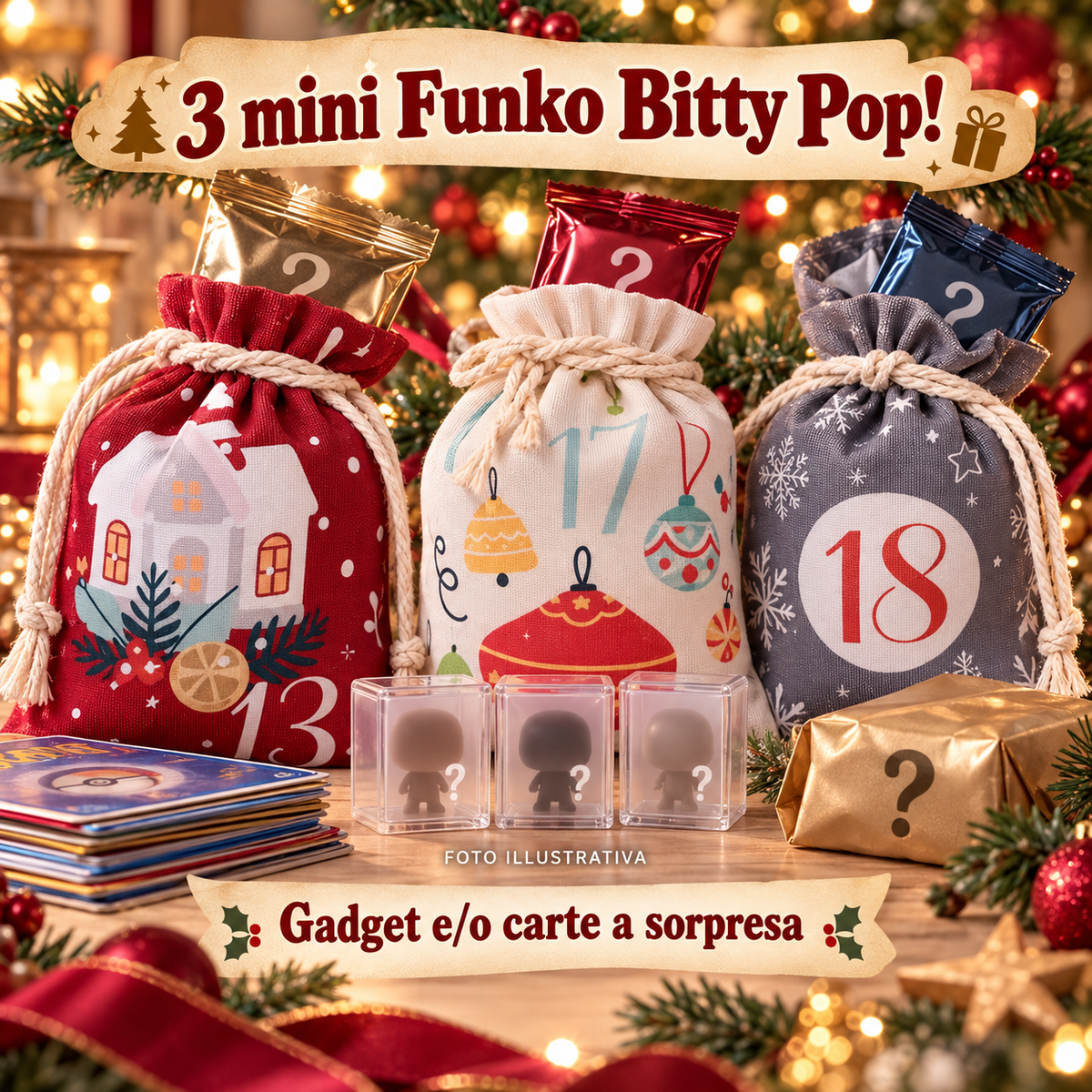 Calendario dell’Avvento Pokémon – 24 Sorprese con Bustine, Carte, Gadget e 3 Mini Funko Bitty Pop! (151 + 30TH)
