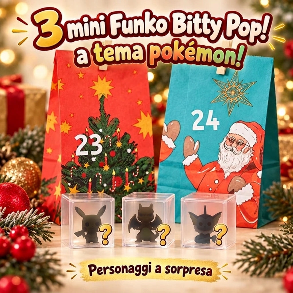 Calendario dell’Avvento Pokémon – 24 Sorprese con Bustine, Carte, Gadget e 3 Mini Funko Bitty Pop!